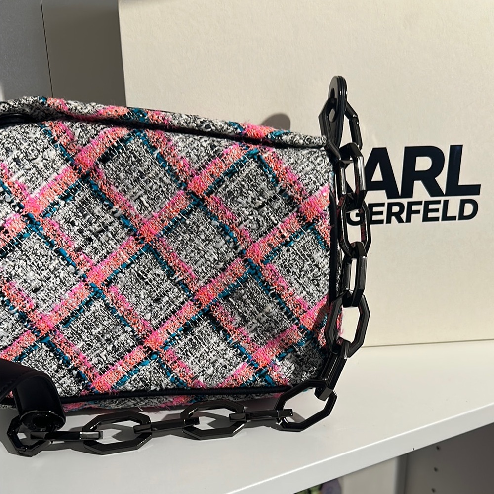 Karl Lagerfeld Pink and Black Crossbody Bag with Tweed Pattern